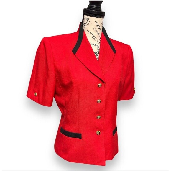 Kasper ASL 6 Red Black Cropped Blazer Gold Button Jacket Career Y2K Power Office - Picture 2 of 11